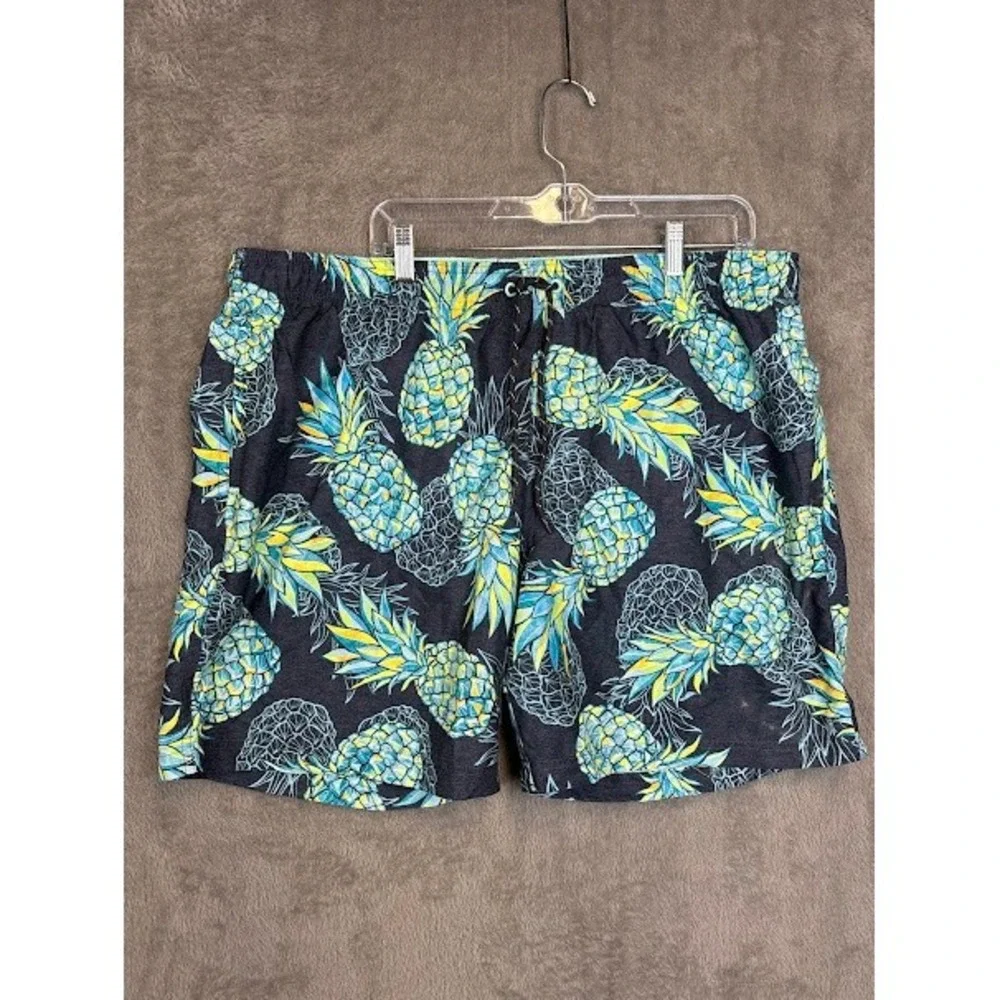 George Men's Above The Knee Swim Trunks Pineapple Print Blue Yellow XL 40-42
